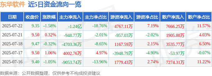 股票行情快报:东华软件(002065)7月22日主力资金净卖出1.24亿元