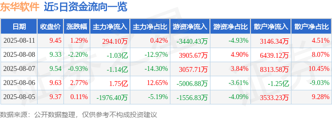 股票行情快报:东华软件(002065)8月11日主力资金净买入294.10万元