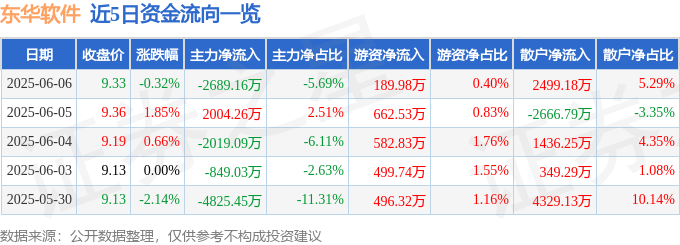 股票行情快报:东华软件(002065)6月6日主力资金净卖出2689.16万元