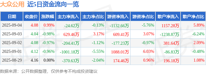 股票行情快报：大众公用（600635）9月4日主力资金净卖出24.62万元