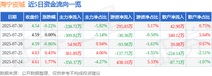 股票行情快报：海宁皮城（002344）7月30日主力资金净卖出338.72万元