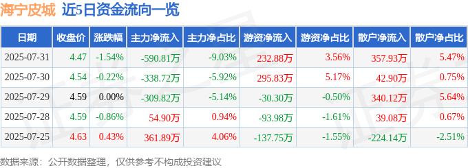 股票行情快报:海宁皮城(002344)7月31日主力资金净卖出590.81万元
