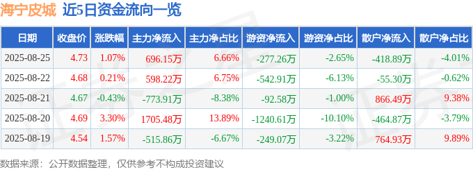 股票行情快报：海宁皮城（002344）8月25日主力资金净买入696.15万元