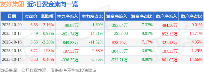 股票行情快报:友好集团(600778)10月20日主力资金净卖出90.85万元