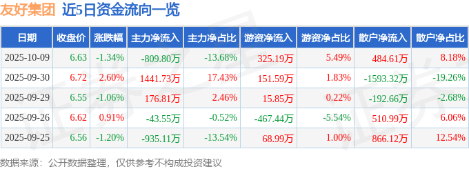 股票行情快报：友好集团（600778）10月9日主力资金净卖出809.80万元