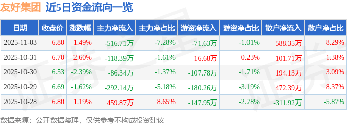 股票行情快报：友好集团（600778）11月3日主力资金净卖出516.71万元