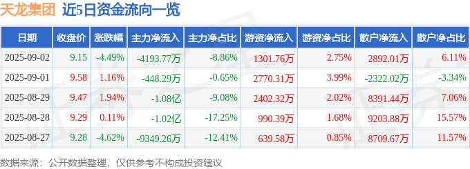 股票行情快报：天龙集团（300063）9月2日主力资金净卖出4193.77万元